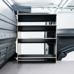 Passenger side van view of the Proace City Long Double Front Toolbox Shelving Hexaboard Van Racking - sliding door displayed open