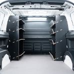 Rear van view of the Proace City Long Double Front NS & Side Load OS Toolbox Hexaboard Van Racking