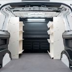 Rear van view of the Partner L2 Double Front NS Toolbox & OS Side Load Van Racking