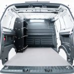 Rear van view of the Peugeot Partner L2 NS Front x4 Angled-In Toolbox Shelves Hexaboard Van Racking