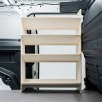 Side van view of the Peugeot Partner L2 NS Front x4 Angled-In Toolbox Shelves Van Racking