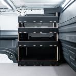 Driver side van view of the Proace City Long Double Front NS Side Load & OS Toolbox Hexaboard Van Racking