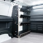 NS side angle view of the Proace City Long Double Front NS Side Load & OS Toolbox Hexaboard Van Racking - sliding door displayed open
