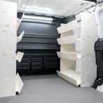 OS side angle view of the Peugeot Partner L2 Double Front Side Load Toolbox Shelving Van Racking
