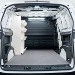 Rear van view of the Peugeot Partner L2 NS Front x4 Side Load Toolbox Shelves Van Racking