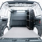 Rear van view of the Peugeot Partner L2 OS Front x4 Angled-In Toolbox Shelves Hexaboard Van Racking