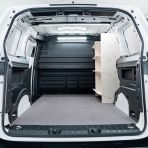 Rear van view of the Peugeot Partner L2 OS Front x4 Angled-In Toolbox Shelves Van Racking