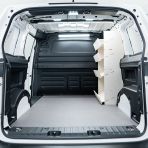 Rear van view of the Peugeot Partner L2 OS Front x4 Side Load Toolbox Shelves Van Racking