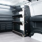 OS side angle view of the Proace City Long Double Front Side Load Toolbox Hexaboard Van Racking - slide door displayed open