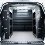 Rear van view of the Proace City Long Double Rear Multi-Compartment Hexaboard Van Racking