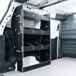 NS side angle view of the Proace City Long Double Rear Multi-Compartment Hexaboard Van Racking