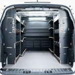 Rear van view of the Proace City Long Hexaboard Full Van Racking: Compartments V3 NS Side Load & OS