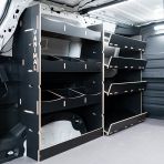 NS side angle view of the Proace City Long Hexaboard Full Van Racking: Compartments V3 NS Side Load & OS