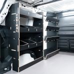 NS side angle view of the Proace City Long Hexaboard Full Van Racking: Compartments V3 NS Side Load & OS - sliding door displayed open
