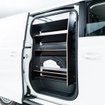 OS side angle view of the Proace City Long Hexaboard Full Van Racking: Compartments V4 Side Load