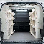 Rear van view of the Proace City Long Full Van Racking: Rear Compartment & Side Load Toolbox Shelves