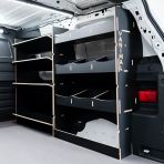 Rear van side angle view of the Proace City Long OS Hexaboard Van Racking: Compartment & x4 Toolbox Shelves