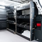 Rear van side angle view of the Proace City Long OS Hexaboard Van Racking: Compartment + Side Load Toolbox Shelves