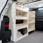 Rear van view of the VW ID Buzz Cargo NS Van Racking: Rear Adjustable and Front Toolbox Shelves