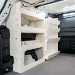 Rear van view of the VW ID Buzz Cargo NS Van Racking: Adjustable & Front Side Load Toolbox Shelves