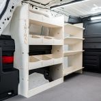 Rear van view of the VW ID Buzz Cargo NS Van Racking: Rear Compartment & Front Toolbox Shelves
