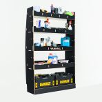 LH side angle view of the MAN TGE 2017- MWB Hexaboard Front Van Racking and Shelving Unit displayed with tools and equipment