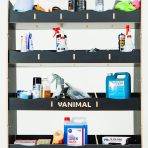 Close-up front view of the racking compartments displayed with tools and equipment