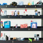 Close-up front view of the racking compartments displayed with tools and equipment 