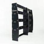 Back view of the Nissan Interstar 2025- Hexaboard Driver Side Van Racking (Multi-Compartment) 