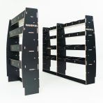 LH side angle view of the MAN TGE 2017- MWB Hexaboard Triple Van Racking System (Multi-Compartment)