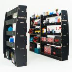 Rear van LH side angle view of the MAN TGE 2017- MWB Hexaboard Triple Van Racking System with x2 Toolbox Shelves displayed with tools and toolboxes