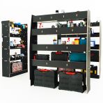 LH side angle rear van view of the MAN TGE 2017- MWB Hexaboard Double Rear and Full-Width Bulkhead Van Racking System displayed with tools and toolboxes