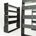 Close-up side angle van view of the MAN TGE 2017- MWB Hexaboard Double Rear and Full-Width Bulkhead Van Racking System