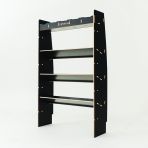 Close-up view of the front section of the MAN TGE 2017- MWB Hexaboard Front Toolbox Shelving and Bulkhead Ply Racking