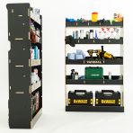 Side van view of the MAN TGE 2017- MWB Hexaboard Front and Bulkhead Ply Racking and Shelving displayed with tools and toolboxes