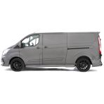 Side van view of the Ford Transit Custom fitted with Matte Black Viper Alloys