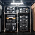 Rear van view of the Kia PV5 Cargo DeWalt TSTAK Trolley Compatible Van Racking - Bulkhead displayed with DeWalt TSTAK trolley, toolboxes and top tray
