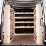 Rear van view of Renault Master 2010-2024 MWB L2 Double Rear and Full-Width Bulkhead Ply Racking (Triple Pack)