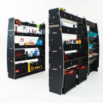 RH side angle view of the Citroen Relay 2006- SWB Hexaboard Triple Van Racking with x3 Toolbox Shelves displayed with tools and equipment 