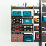 Side van view of the Citroen Relay 2006- SWB Hexaboard Triple Van Racking with x3 Toolbox Shelves displayed with tools and equipment 