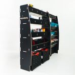 Back view of the Citroen Relay 2006- SWB Hexaboard Driver Side Van Racking with x3 Toolbox Shelves displayed with tools and toolboxes