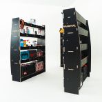 Rear van RH side angle view of the Citroen Relay 2006- SWB Hexaboard Double Rear and Bulkhead Racking displayed with tools and toolboxes