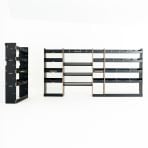Professional hexaboard van racking configuration for Nissan Interstar 2025 with bulkhead and full driver-side shelving