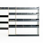Full-length hexaboard racking for Nissan Interstar 2025 with bulkhead, toolbox front, middle module and rear shelving