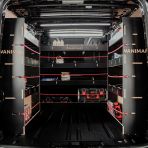 Rear van view of the VW Transporter T5 T5.1 SWB Hexaboard Double Rear and Full-Width Bulkhead Racking