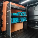 Rear van side angle view of the VW Transporter T7 Kombi LWB NS MakPac Toolbox Hexaboard Van Racking - displayed with makita boxes