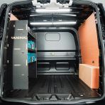 Rear van view of the VW Transporter T7 Kombi LWB NS MakPac Toolbox Hexaboard Van Racking - displayed with Makita boxes