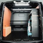 Rear van view of the VW Transporter T7 Kombi LWB OS MakPac Toolbox Hexaboard Van Racking - displayed with Makita boxes