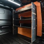 Rear van side angle view of the VW Transporter T7 Kombi LWB OS MakPac Toolbox Hexaboard Van Racking