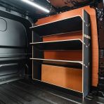Rear van side angle view of the VW Transporter T7 Kombi LWB OS Hexaboard Toolbox Van Shelving